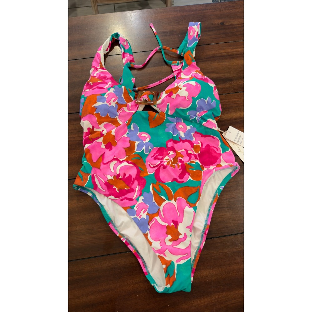 Sunshine 79 Womens Floral One Piece Swimsuit Pink Teal Buckle SN3AX09 Size 14